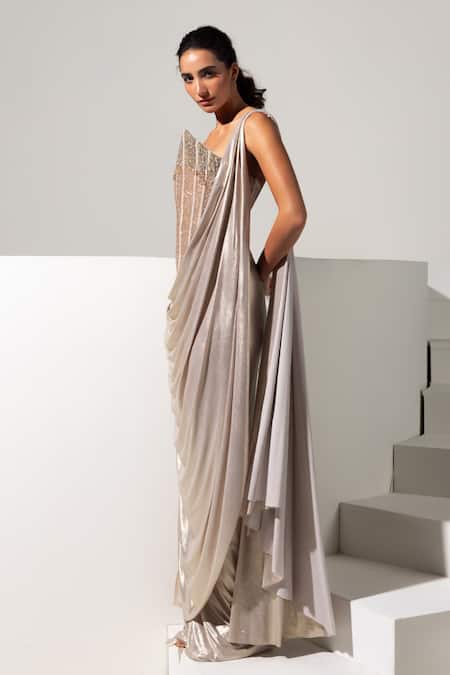 Vesture Silver Lycra, Mesh Embroidery, Treasure Metallic Pre-draped Saree With Corset Online at Aza Fashions Vesture_Silver Lycra, Mesh Embroidery, Treasure Metallic Pre-draped Saree With Corset _Online_at_Aza_Fashions