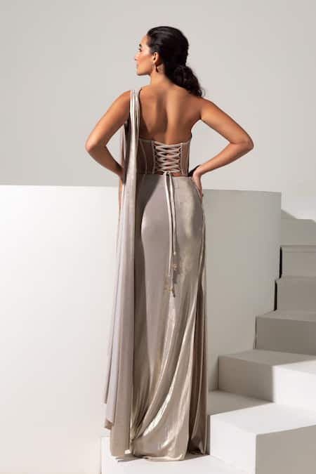 Vesture Treasure Metallic Pre-Draped Saree With Embroidered Corset 