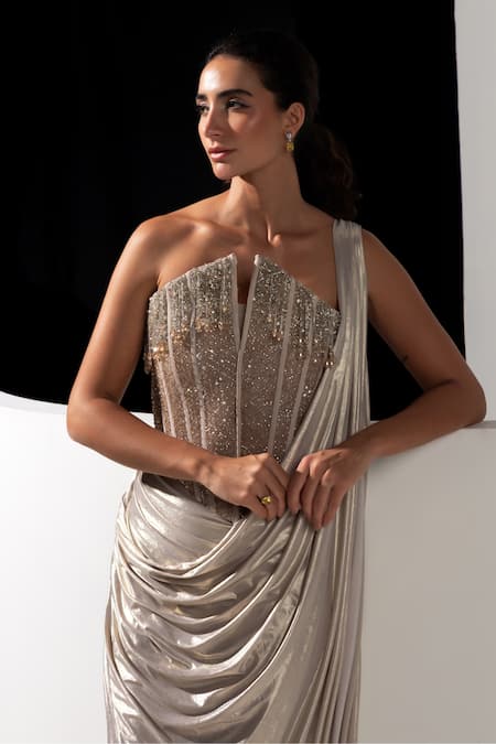 Shop Vesture Silver Lycra, Mesh Embroidery, Treasure Metallic Pre-draped Saree With Corset Online at Aza Fashions Shop_Vesture_Silver Lycra, Mesh Embroidery, Treasure Metallic Pre-draped Saree With Corset _Online_at_Aza_Fashions