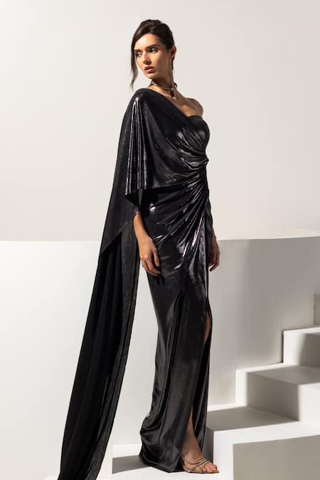 Vesture Charcoal Lycra One Shoulder Gunmetal Metallic Draped Gown Online at Aza Fashions Vesture_Charcoal Lycra One Shoulder Gunmetal Metallic Draped Gown _Online_at_Aza_Fashions