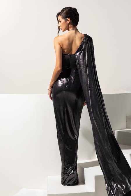 Vesture Gunmetal Metallic One Shoulder Draped Gown 