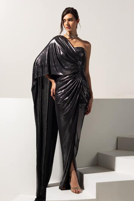 Vesture Gunmetal Metallic One Shoulder Draped Gown 