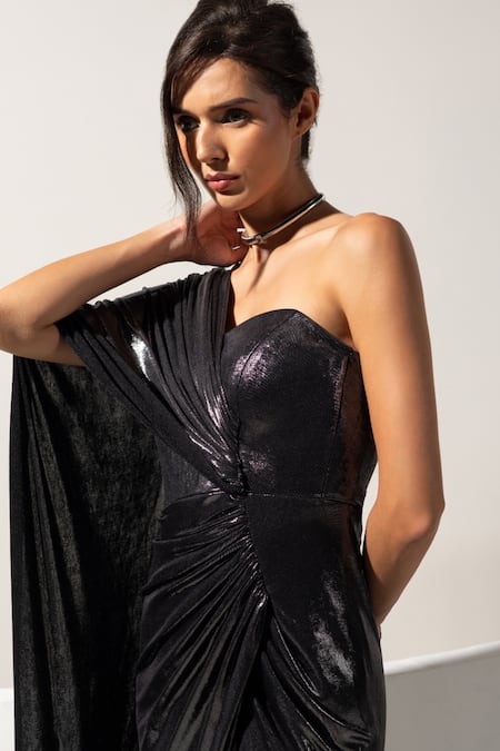 Shop Vesture Charcoal Lycra One Shoulder Gunmetal Metallic Draped Gown Online at Aza Fashions Shop_Vesture_Charcoal Lycra One Shoulder Gunmetal Metallic Draped Gown _Online_at_Aza_Fashions