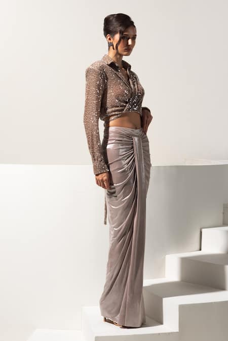 Vesture_Brown Lycra Sequins Collared, Sienna Metallic Shirt And Centre Draped Skirt _Online_at_Aza_Fashions