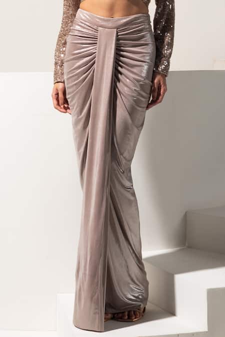 Shop_Vesture_Brown Lycra Sequins Collared, Sienna Metallic Shirt And Centre Draped Skirt _Online_at_Aza_Fashions