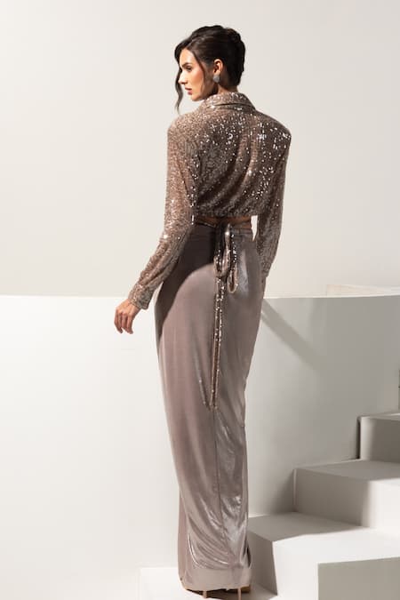 Vesture Sienna Metallic Brown Shirt & Centre Draped Skirt 