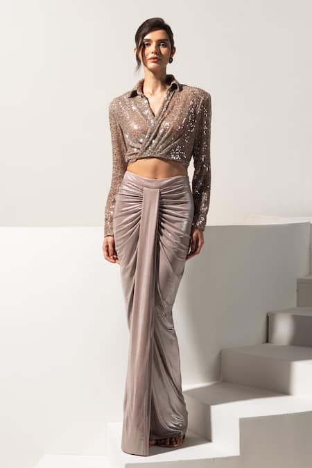 Vesture_Brown Lycra Sequins Collared, Sienna Metallic Shirt And Centre Draped Skirt _at_Aza_Fashions