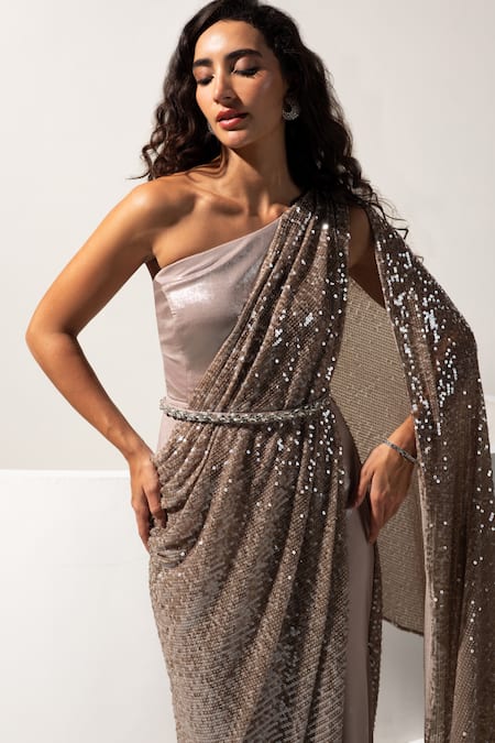 Shop_Vesture_Brown Lycra Sequins, Crystals One Shoulder Hazel Metallic Draped Saree Gown _Online_at_Aza_Fashions
