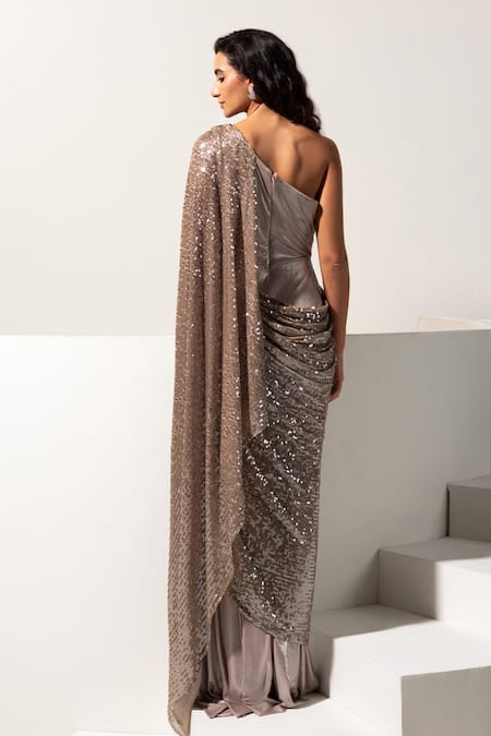 Vesture Hazel Metallic One Shoulder Draped Saree Gown 