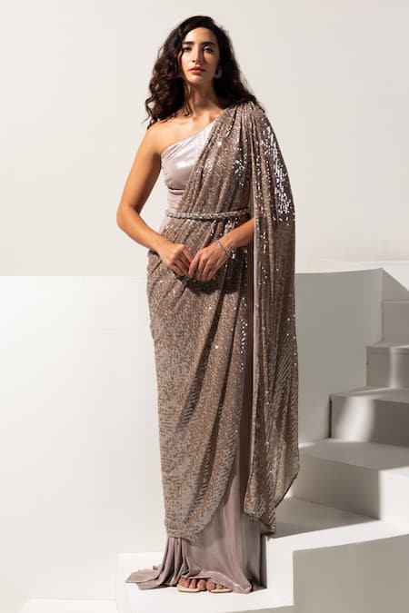 Vesture Hazel Metallic One Shoulder Draped Saree Gown 