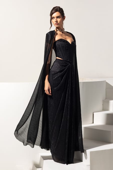 Vesture_Black Crystals, Beads Sweetheart Midnight Embellished Cape And Draped Skirt Set _Online_at_Aza_Fashions