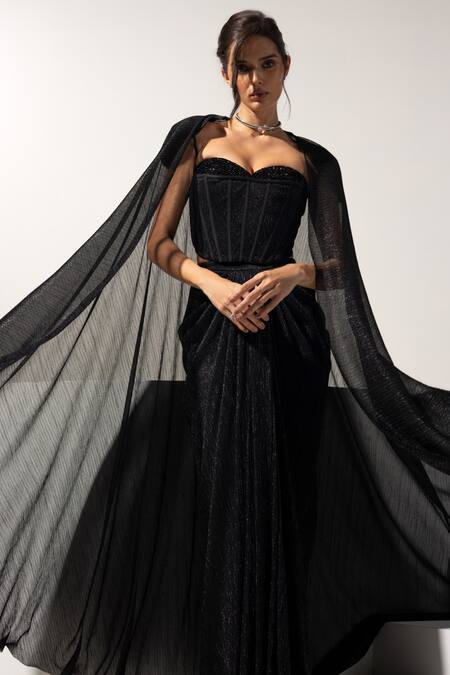 Shop_Vesture_Black Crystals, Beads Sweetheart Midnight Embellished Cape And Draped Skirt Set _Online_at_Aza_Fashions