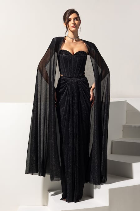 Vesture Midnight Embellished Cape & Draped Skirt Set 
