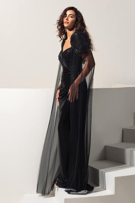 Buy_Vesture_Black Lycra, Mesh Sequins, Embroidery Sweetheart Noir Draped Gown With Cape _Online_at_Aza_Fashions