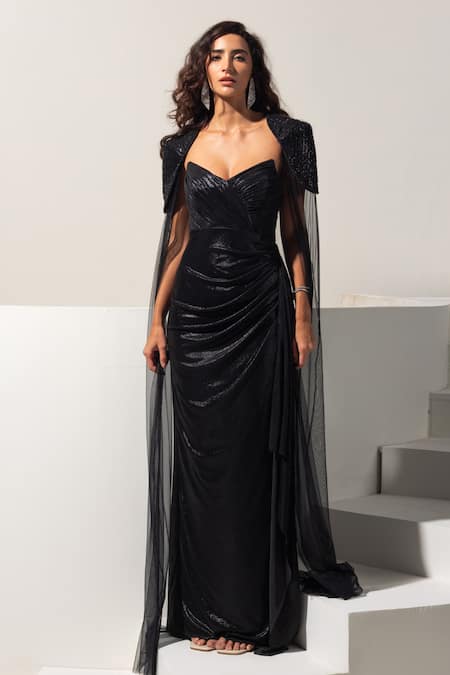 Vesture Noir Embroidered Draped Gown With Cape 