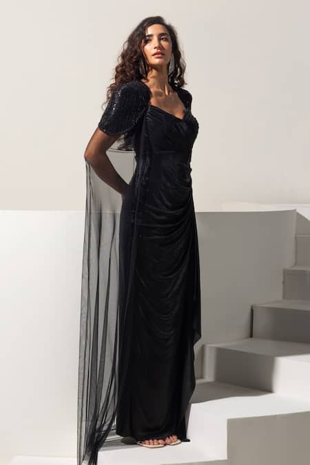 Shop_Vesture_Black Lycra, Mesh Sequins, Embroidery Sweetheart Noir Draped Gown With Cape _Online_at_Aza_Fashions