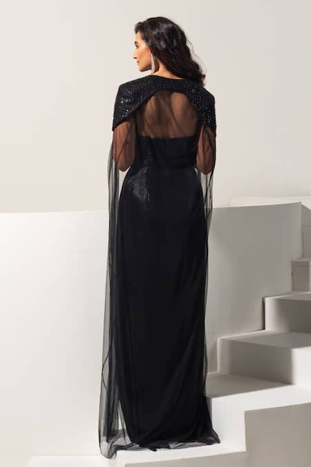 Vesture Noir Embroidered Draped Gown With Cape 
