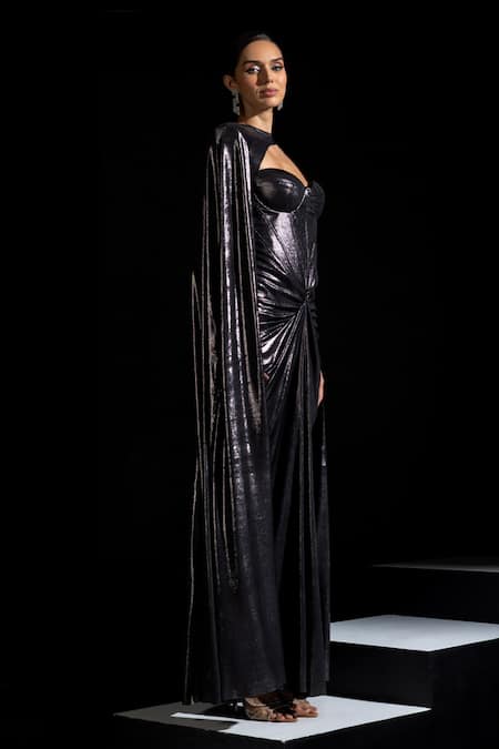 Vesture_Charcoal Lycra Sweetheart Neck, Smoke Metallic Tube Corset Draped Gown With Cape _Online_at_Aza_Fashions