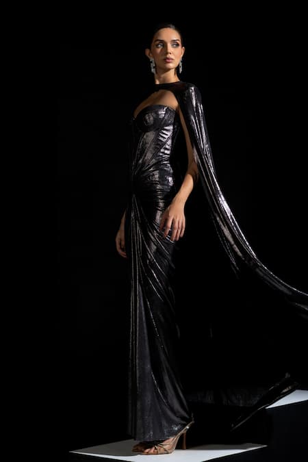 Buy_Vesture_Charcoal Lycra Sweetheart Neck, Smoke Metallic Tube Corset Draped Gown With Cape _Online_at_Aza_Fashions