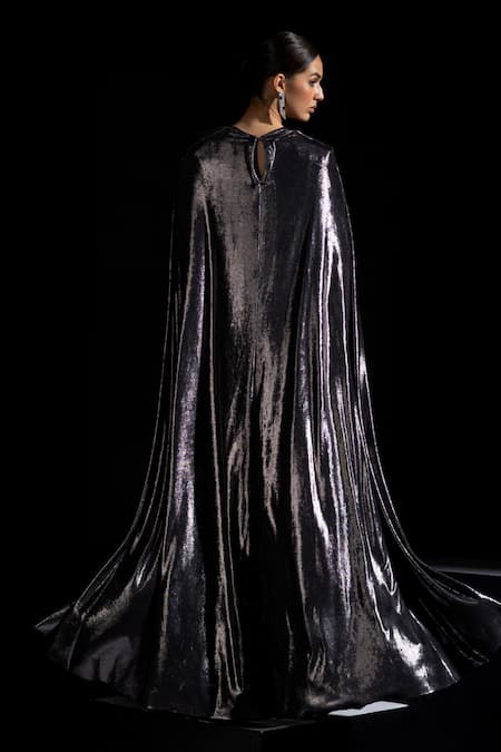 Vesture Smoke Metallic Tube Corset Draped Gown With Cape 