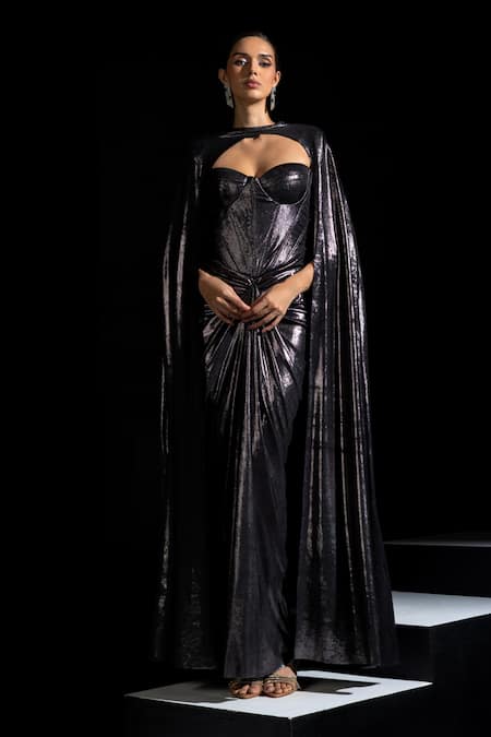 Vesture Smoke Metallic Tube Corset Draped Gown With Cape 