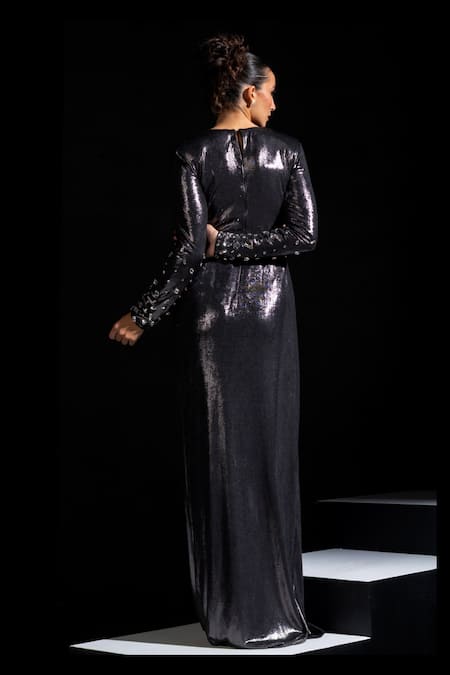Vesture Titan Metallic Grey Knotted Draped Gown 