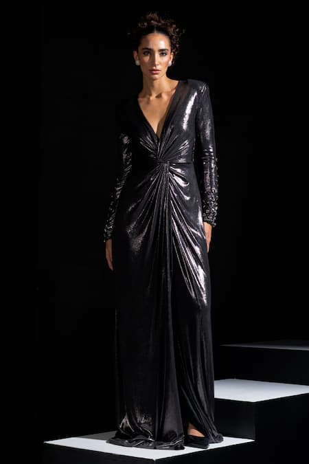 Vesture Titan Metallic Grey Knotted Draped Gown 