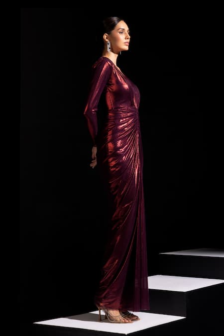 Vesture_Red Mesh V-neck Claret Metallic Full Sleeves Draped Gown _Online_at_Aza_Fashions