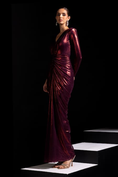 Buy_Vesture_Red Mesh V-neck Claret Metallic Full Sleeves Draped Gown _Online_at_Aza_Fashions