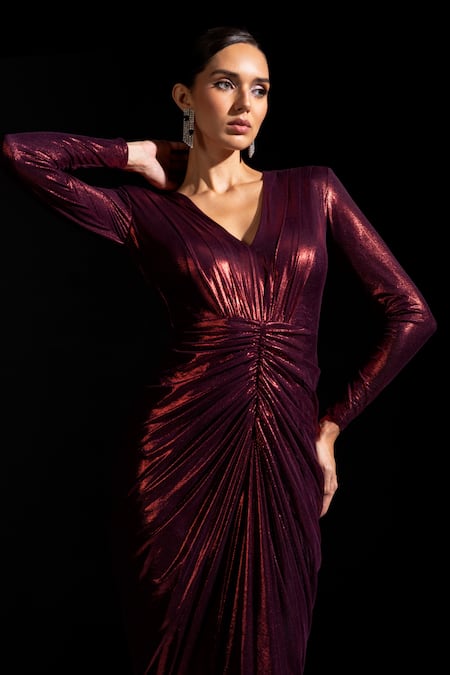 Shop_Vesture_Red Mesh V-neck Claret Metallic Full Sleeves Draped Gown _Online_at_Aza_Fashions