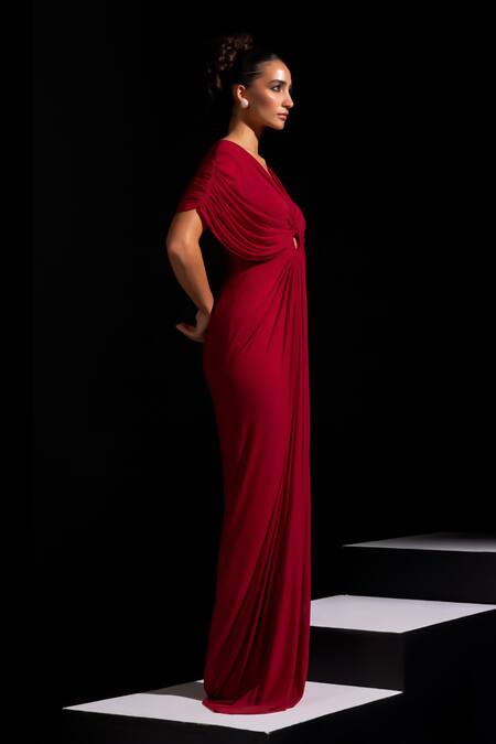 Buy_Vesture_Red Mesh, Lycra V-neck Ruby Deep Draped Ring Gown _Online_at_Aza_Fashions