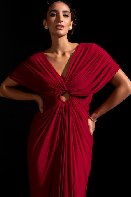 Shop_Vesture_Red Mesh, Lycra V-neck Ruby Deep Draped Ring Gown _Online_at_Aza_Fashions