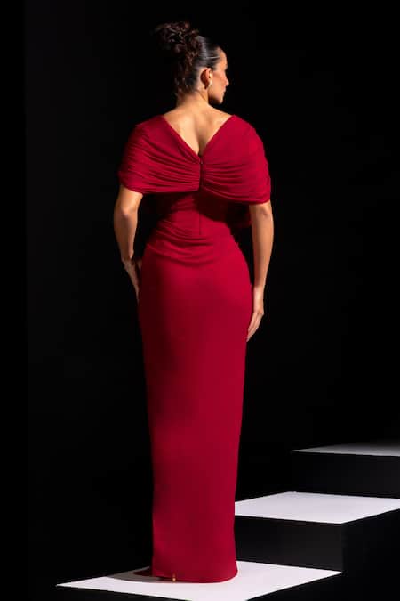 Vesture Ruby Deep Red Draped Ring Gown 