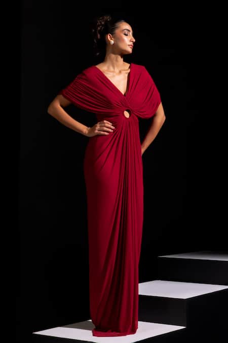 Vesture Ruby Deep Red Draped Ring Gown 