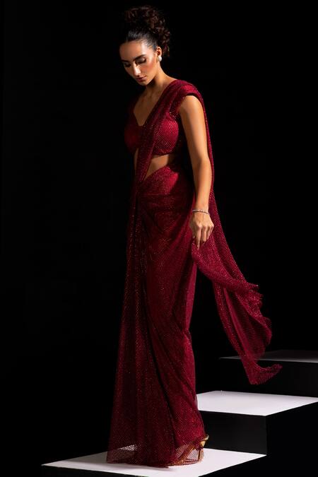 Vesture_Red Mesh Zari Sweetheart Neck Marsala Pre-draped Saree With Blouse _Online_at_Aza_Fashions