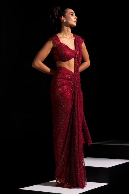 Buy_Vesture_Red Mesh Zari Sweetheart Neck Marsala Pre-draped Saree With Blouse _Online_at_Aza_Fashions
