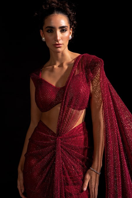 Shop_Vesture_Red Mesh Zari Sweetheart Neck Marsala Pre-draped Saree With Blouse _Online_at_Aza_Fashions