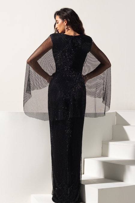 Vesture Caviar Black Swarovski Draped Gown 