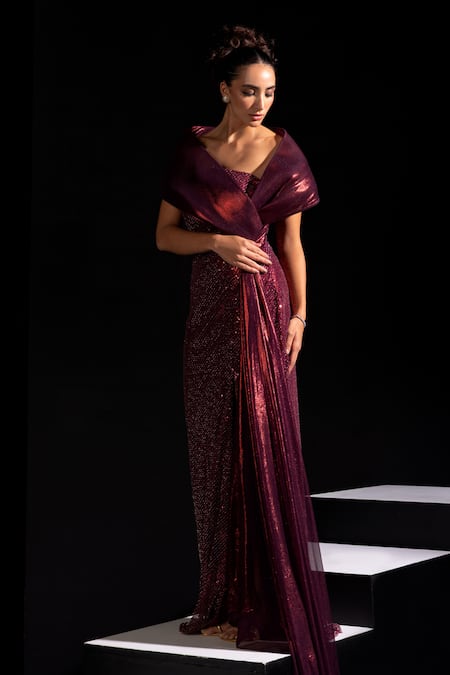 Vesture Red Mesh Bandeau Neck Ox Blood Metallic Structured Gown Online at Aza Fashions Vesture_Red Mesh Bandeau Neck Ox Blood Metallic Structured Gown _Online_at_Aza_Fashions