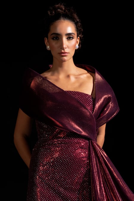 Shop Vesture Red Mesh Bandeau Neck Ox Blood Metallic Structured Gown Online at Aza Fashions Shop_Vesture_Red Mesh Bandeau Neck Ox Blood Metallic Structured Gown _Online_at_Aza_Fashions