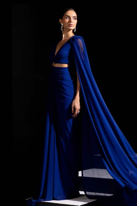 Vesture_Blue Mesh, Lycra V-neck Azure Long Cape Sleeves Cut Out Gown _Online_at_Aza_Fashions
