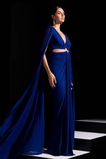 Buy_Vesture_Blue Mesh, Lycra V-neck Azure Long Cape Sleeves Cut Out Gown _Online_at_Aza_Fashions