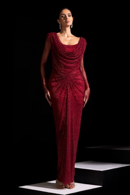 Vesture Garnet Red Full Sleeve Swarovski Draped Gown 