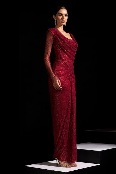 Vesture_Red Mesh Crystals Cowl Neck Garnet Full Sleeve Swarovski Draped Gown _Online_at_Aza_Fashions