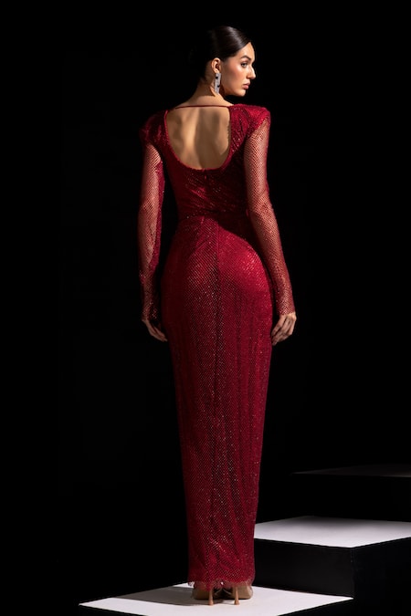 Vesture Garnet Red Full Sleeve Swarovski Draped Gown 