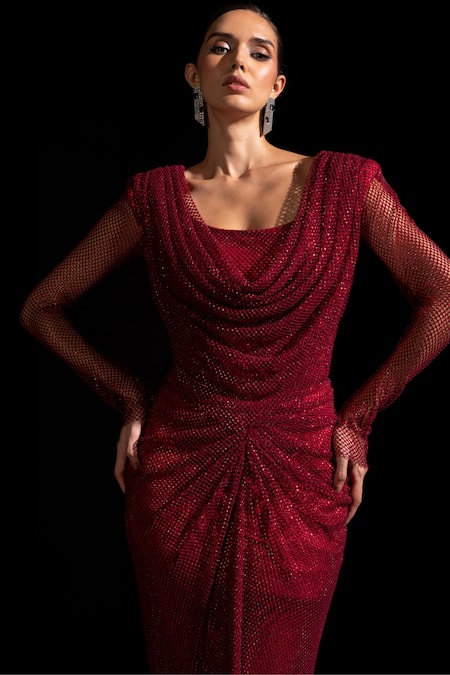 Shop_Vesture_Red Mesh Crystals Cowl Neck Garnet Full Sleeve Swarovski Draped Gown _Online_at_Aza_Fashions