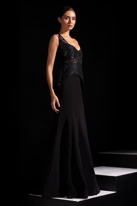 Vesture_Black Mesh Sequins Sweetheart Neck Pitch Asymmetric Corset And Fishcut Skirt Set _Online_at_Aza_Fashions