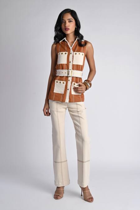 Veera Wear_Rust Cotton, Denim Collared Safari Luxe Utility Top _at_Aza_Fashions