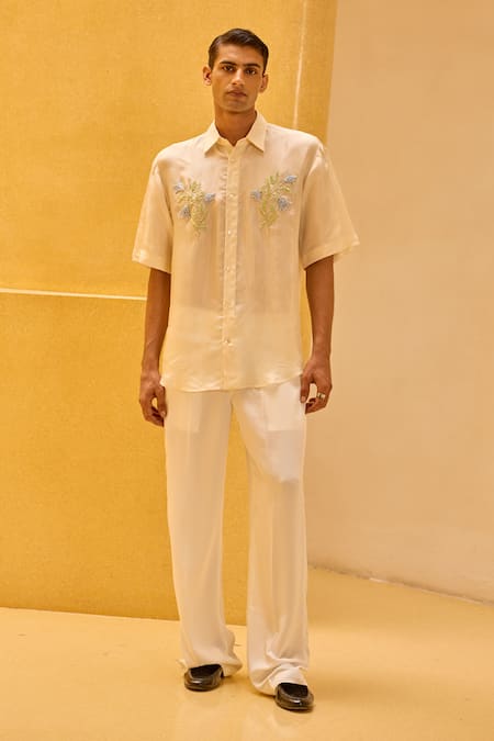 Therealb_Ivory Jacquard Embroidery Floral Shirt _at_Aza_Fashions