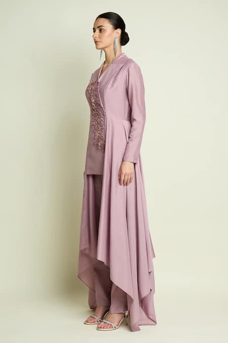 Buy_Aakaar_Purple Cotton, Silk Embroidery, Sequins Asymmetric Blazer And Pant Set _Online_at_Aza_Fashions